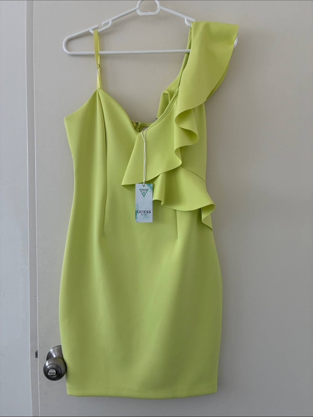 GUESS One-Shoulder Ruffle Sheath Dress in Lime